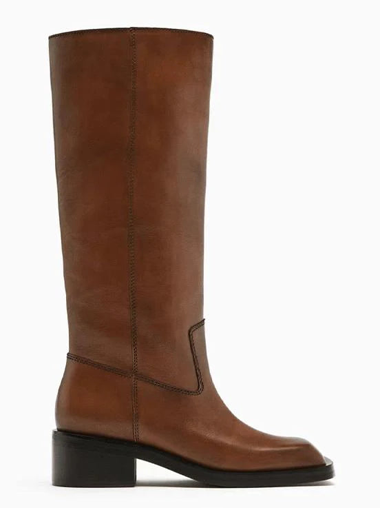 Square Toe Flat Knee Boots Y678