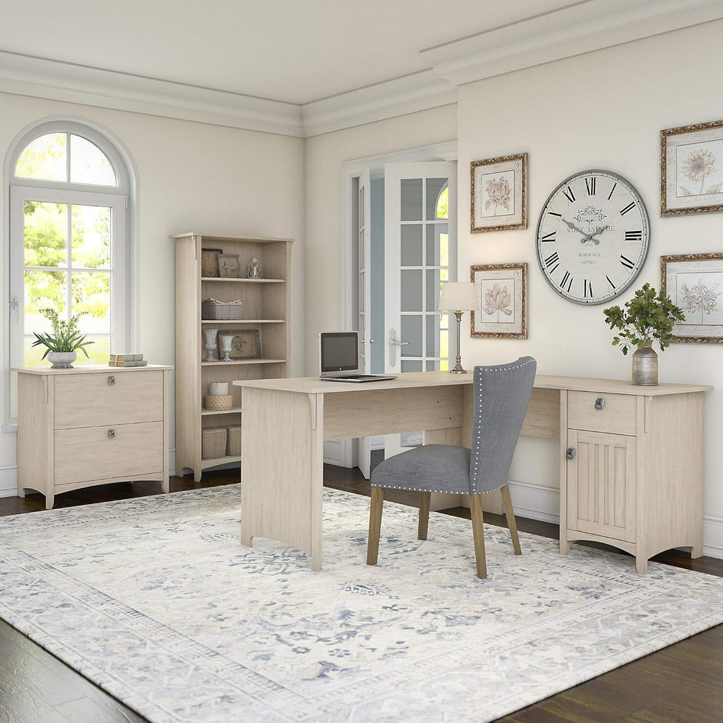 L Shaped Desk with File Cabinet and 5 Shelf Bookcase, Antique White H630