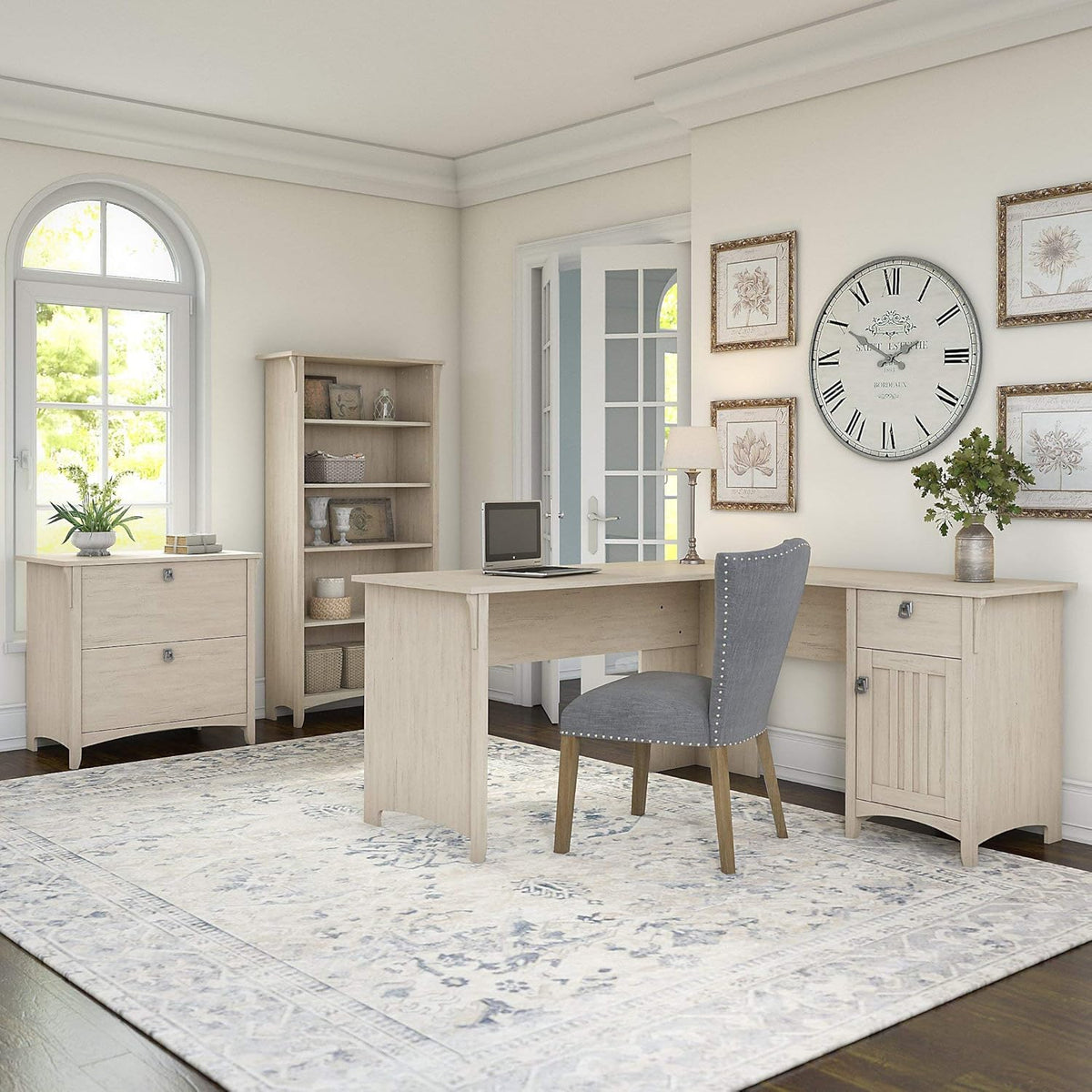 L Shaped Desk with File Cabinet and 5 Shelf Bookcase, Antique White H630