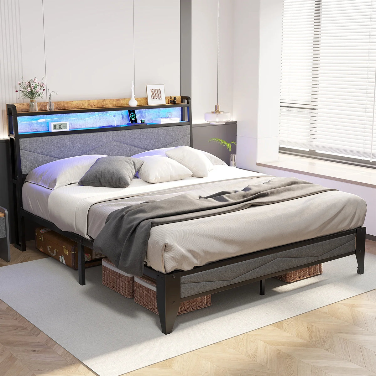Full Size Upholstered Platform Bed Frame with Charging Station & LED Lights H7795