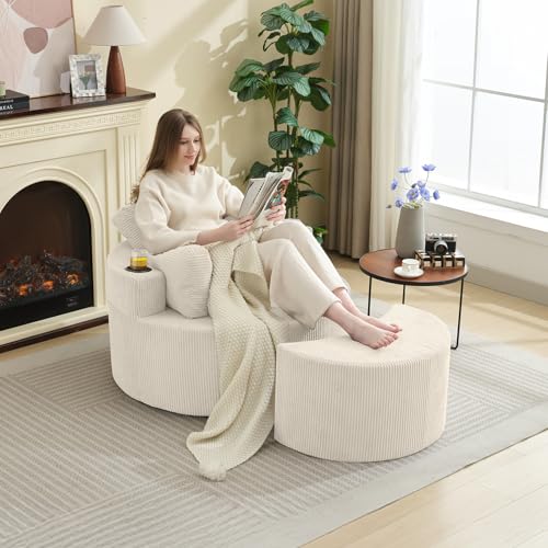 37" W Upholstered Round Barrel Accent Chair with Ottoman R722