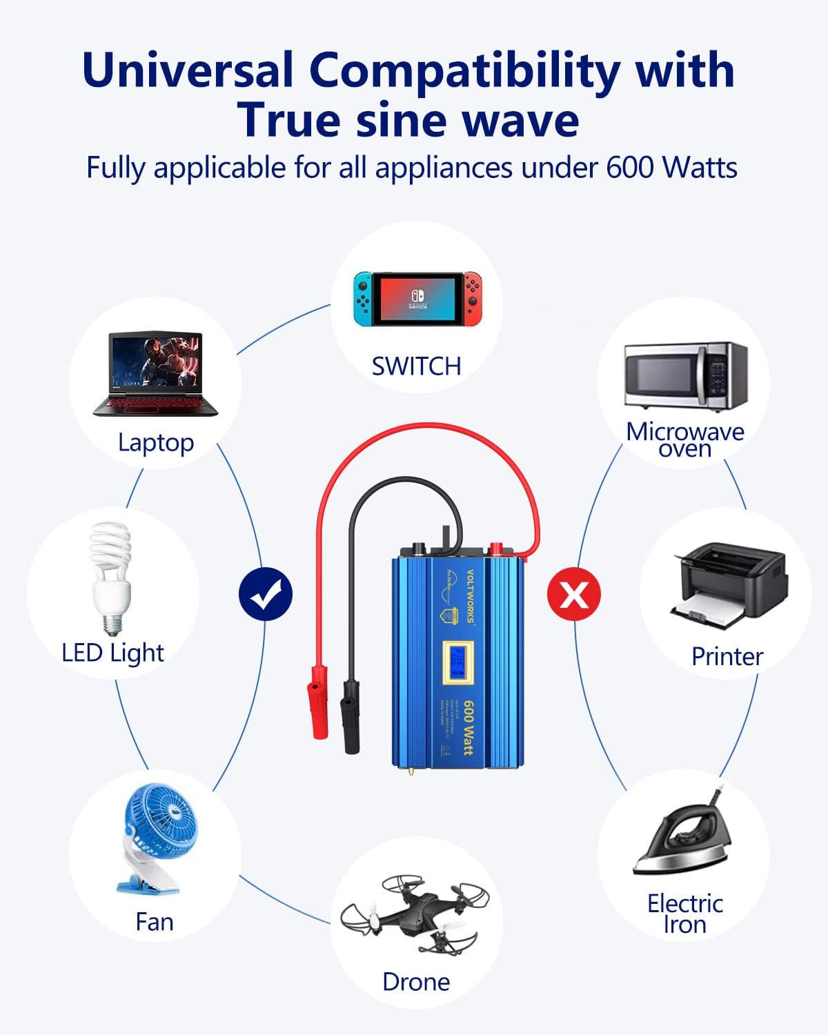 600 Watts Pure Sine Wave Power Inverter 12V to 110V 120V with USB Port & LCD Display V857