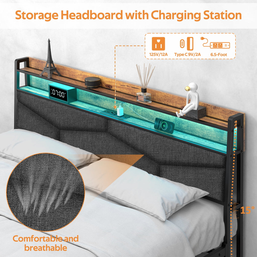 Full Size Upholstered Platform Bed Frame with Charging Station & LED Lights H7795
