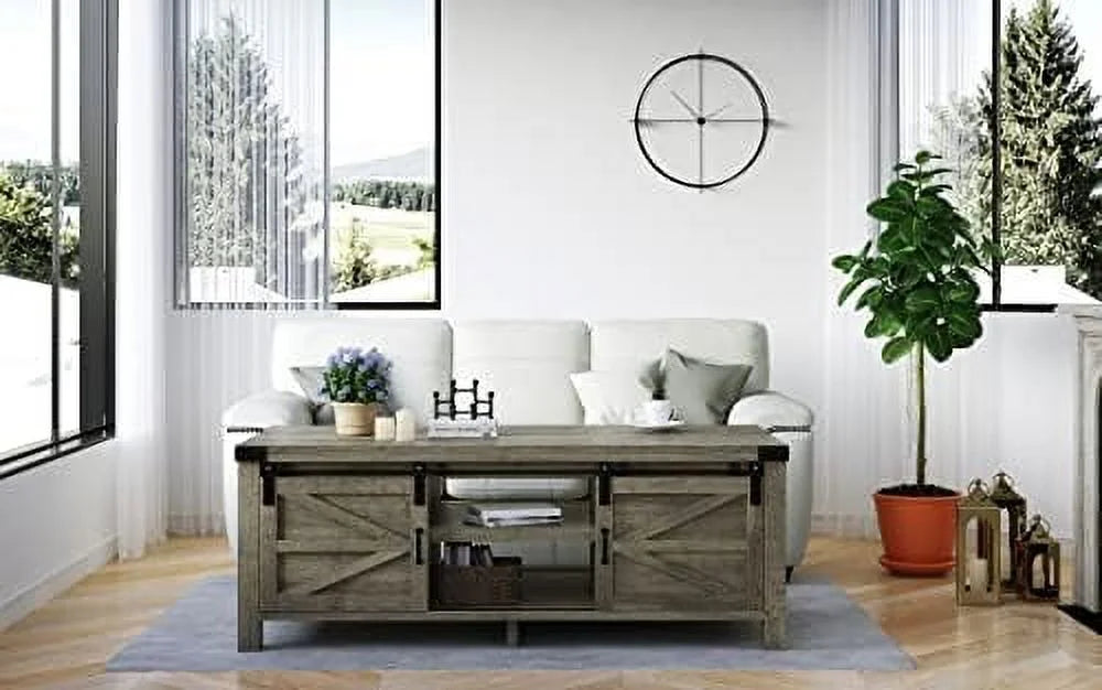 Farmhouse Coffee Table with Hidden Compartment and Cabinets Shelves Q97593