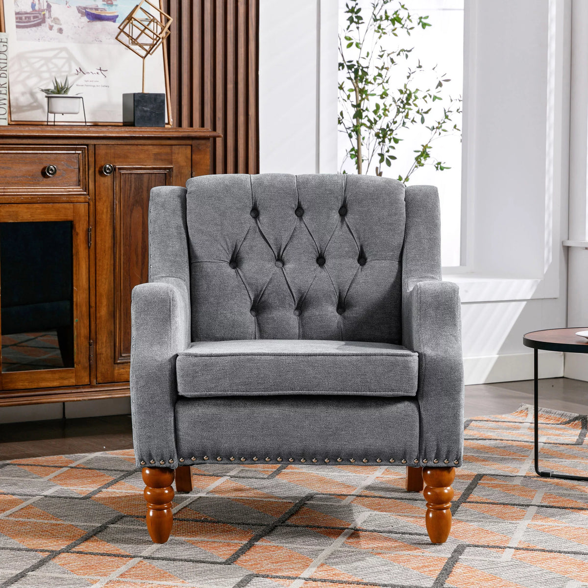 Gray Linen Fabric Button Tufted Accent Chair F8239