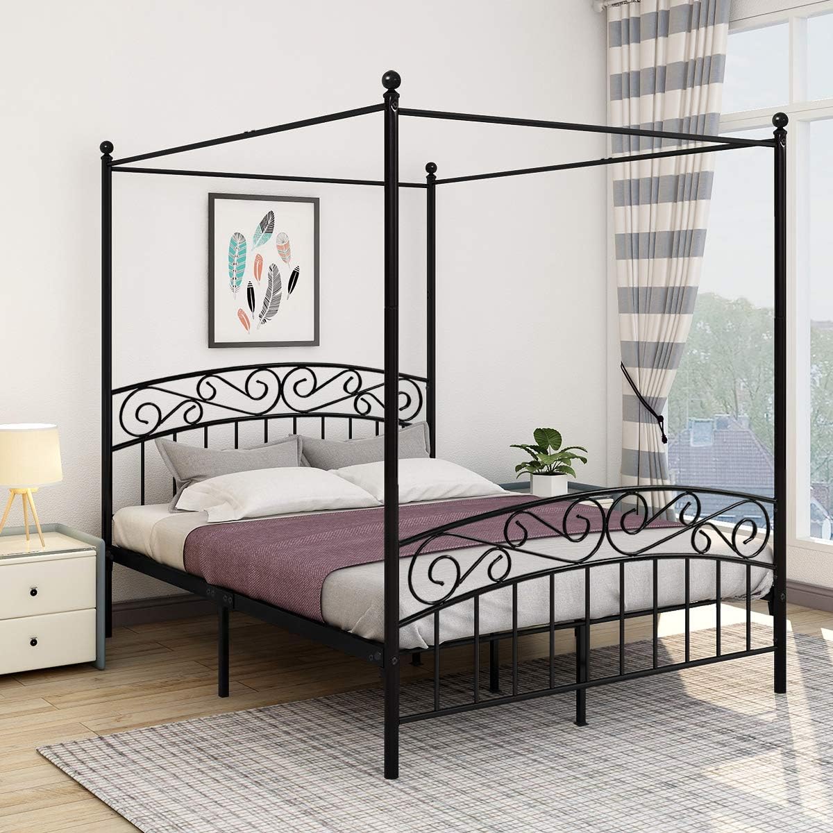 Queen Black Metal Canopy Bed Frame with Headboard & Footboard L2513