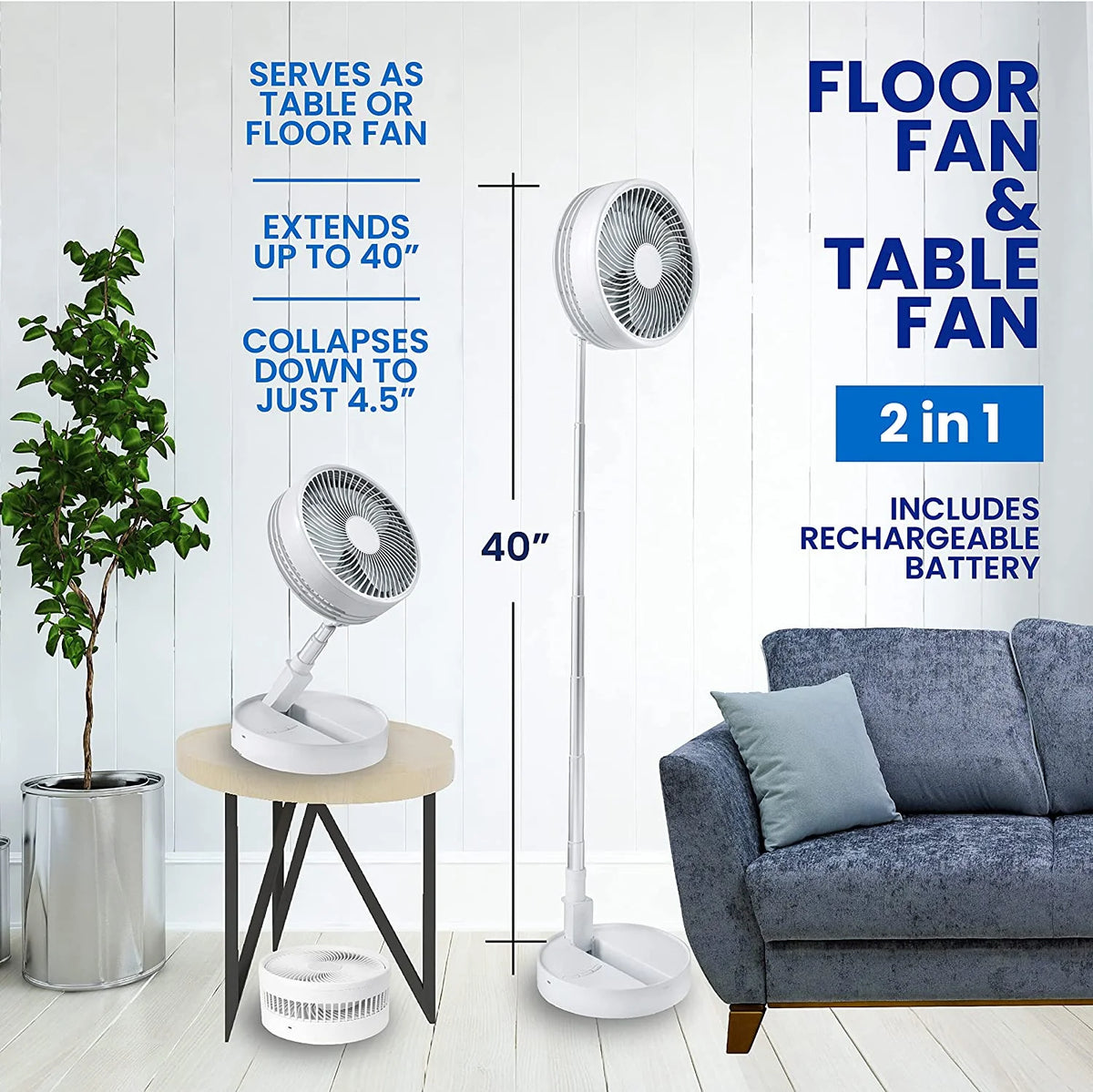 2-in-1 Adjustable Height 40 in. Foldable Portable Rechargeable Floor and Table Fan E4631