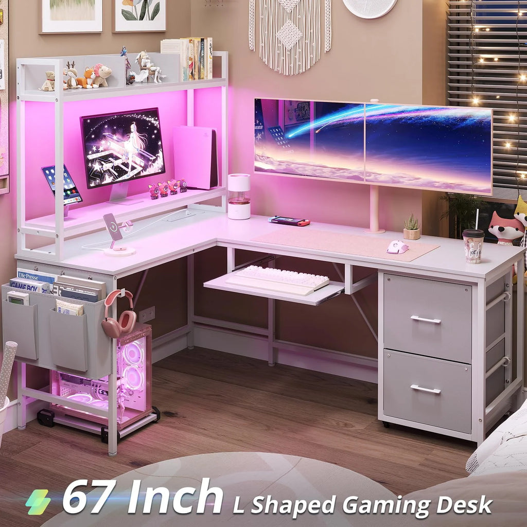 L Shaped Computer Desk with Power Outlet and LED Strip, Black I199