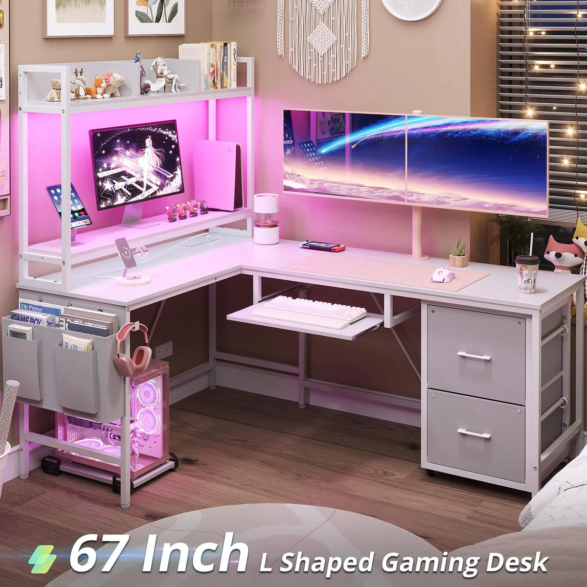 L Shaped Computer Desk with Power Outlet and LED Strip, Black I199