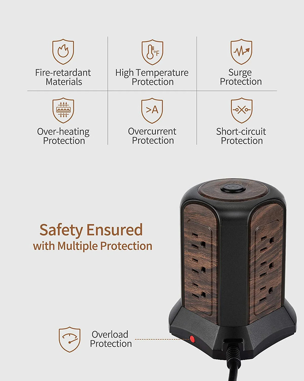 9 Outlets 4 USB Power Strip Tower Surge Protector 1080J with 10 ft Extension Cord F110