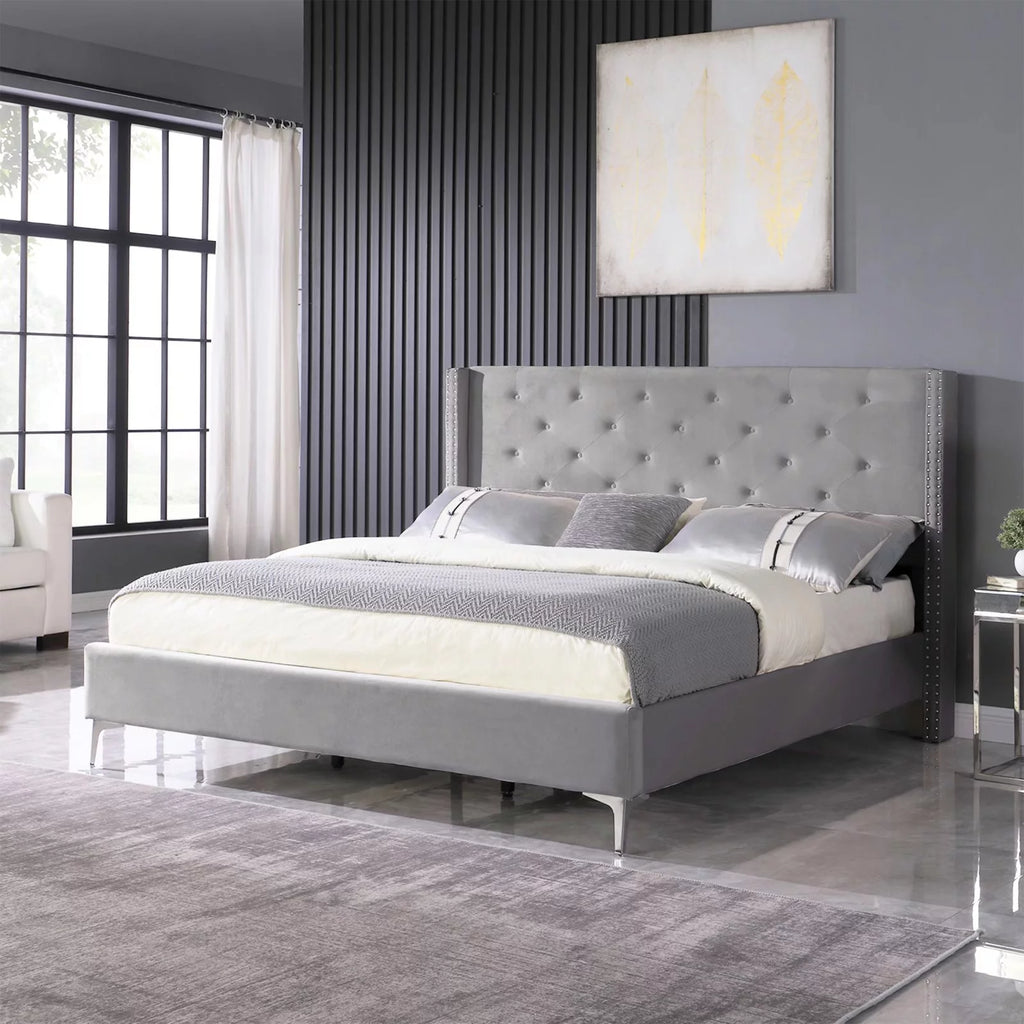 Wood Platform Bed Frame with Upholstered Headboard California King Gray J73069