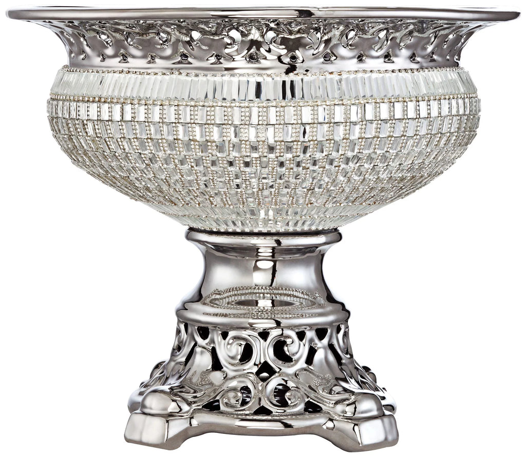 10 1/2" High Crystal and Silver Ceramic Bowl F7459