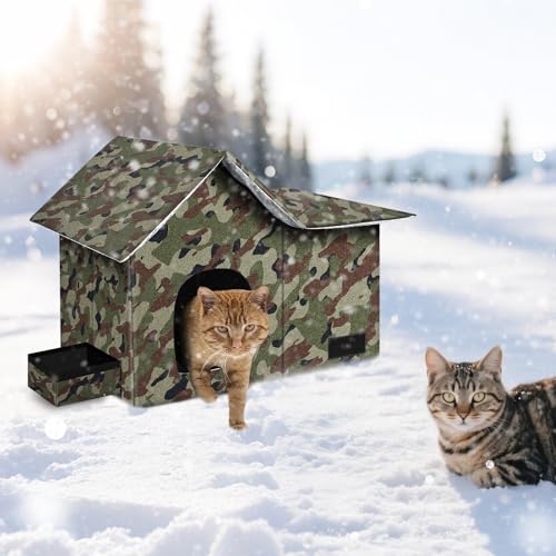 Large Weatherproof Collapsible Cat House with Removable Soft Mat and Bowl O48054