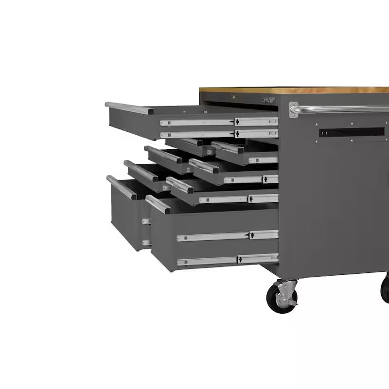 9-Drawer Mobile Workbench Cabinet with Solid Wood Top in Gloss Gray T4744