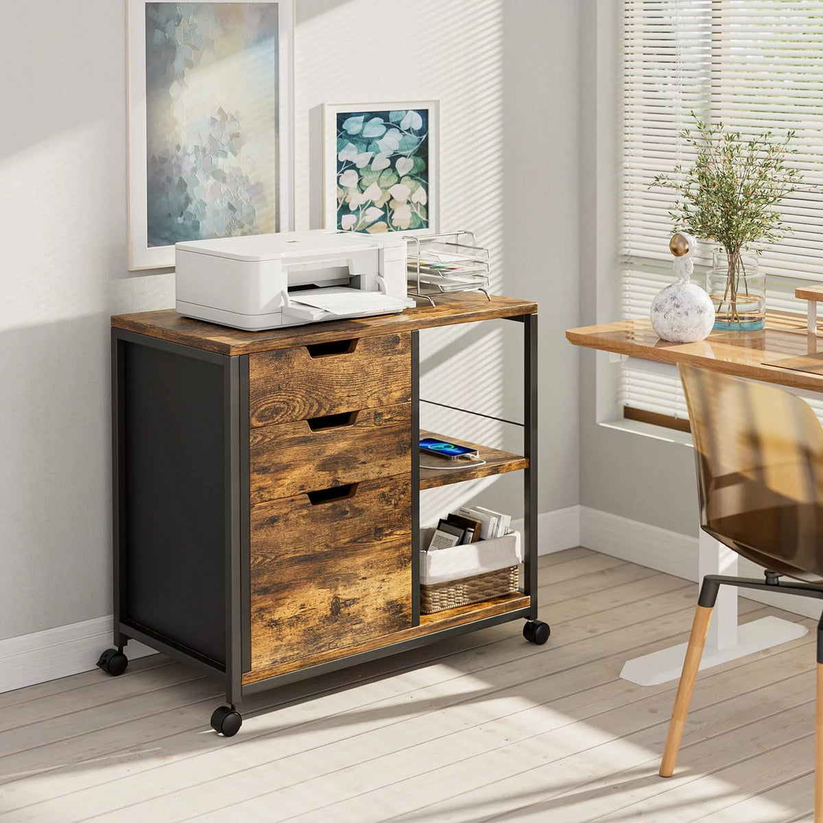 Rolling Wooden File Cabinet with 3 Drawers S932