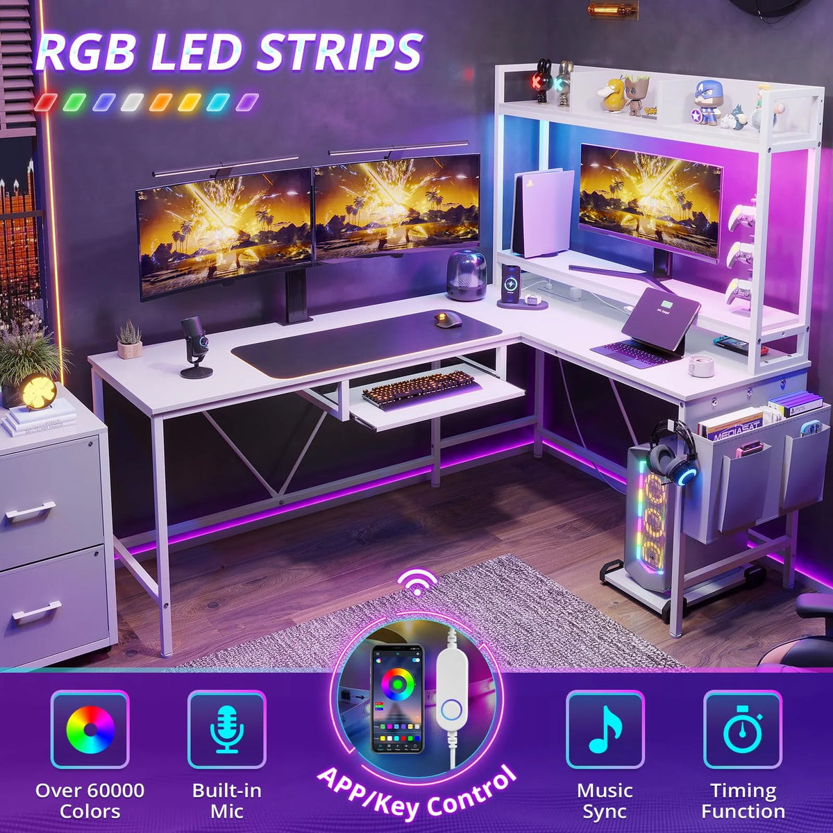 L Shaped Computer Desk with Power Outlet and LED Strip, Black I199