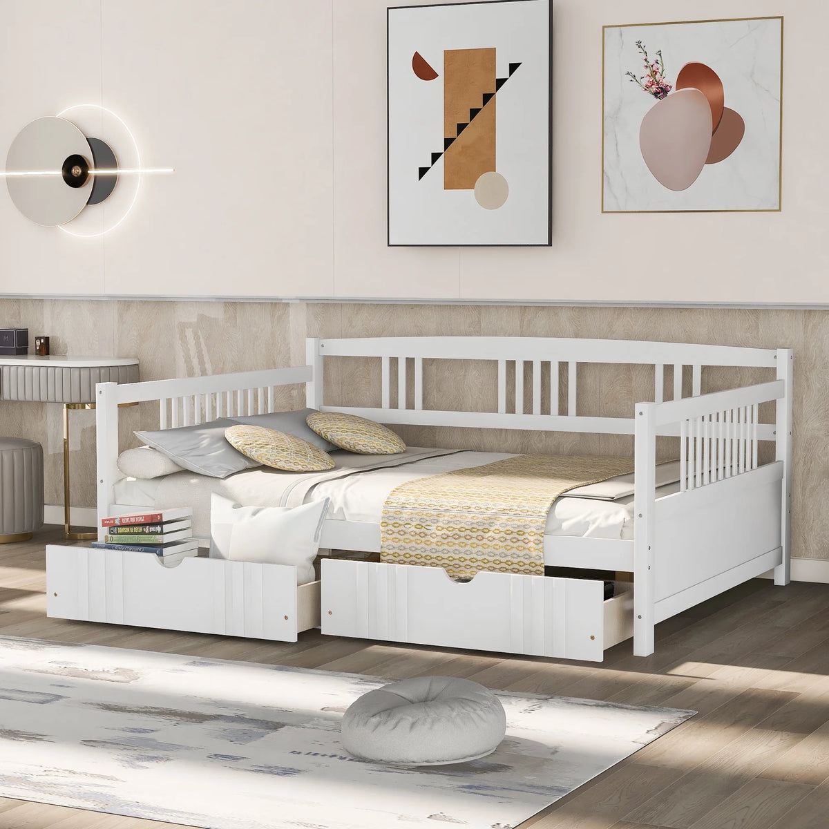 White Full Size Wood Daybed with Two Storage Drawers J772032