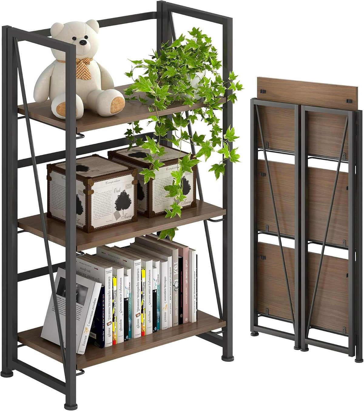 4 Tiers Folding Bookshelf Storage Shelves with 2 Drawers K7180