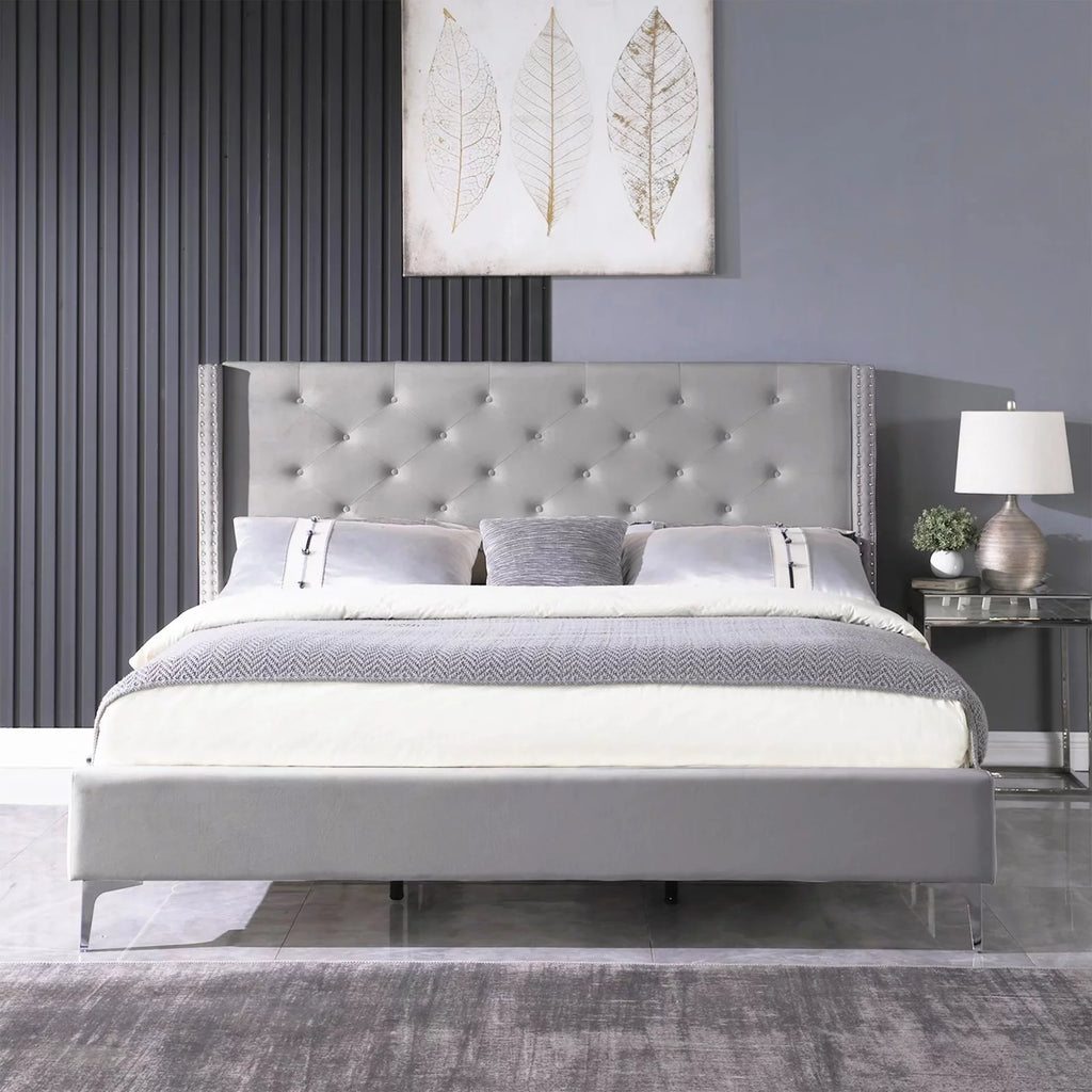 Wood Platform Bed Frame with Upholstered Headboard California King Gray J73069