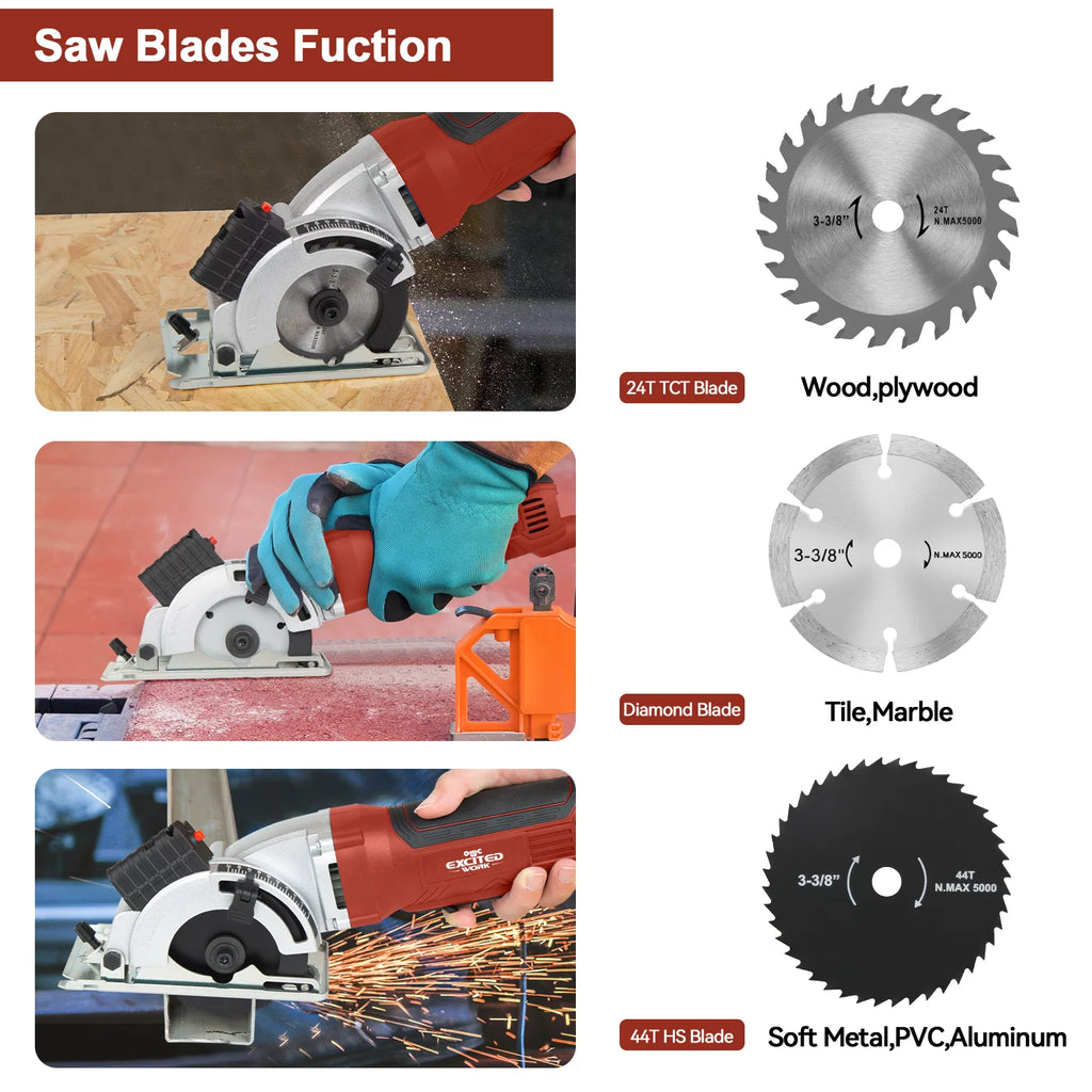 Mini Circular Saw, 5000RPM Electric Compact Circular Saw with 3 Blades P5851