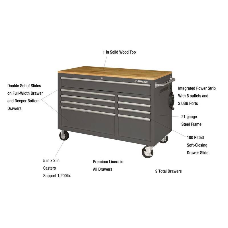 9-Drawer Mobile Workbench Cabinet with Solid Wood Top in Gloss Gray T4744