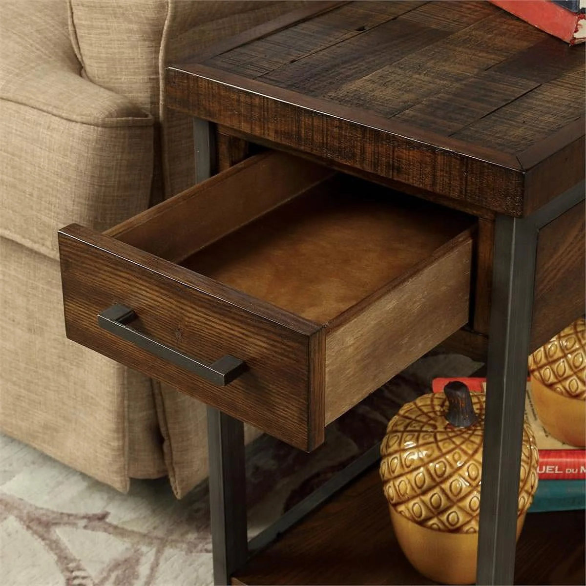 Rustic Wood 1-Drawer Side Table F53613