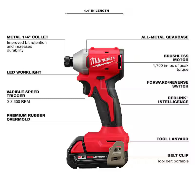 18V Lithium Ion Compact Brushless Cordless 1/4 in. Impact Driver Combo Kit with Screwdriver Bit Set B810565