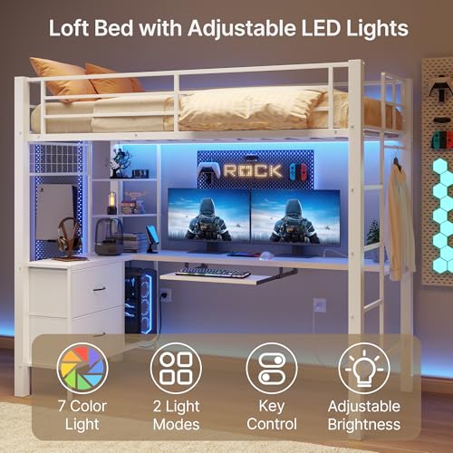 Brown Twin Loft Bed with L-Shaped Desk and LED Lights Q2719