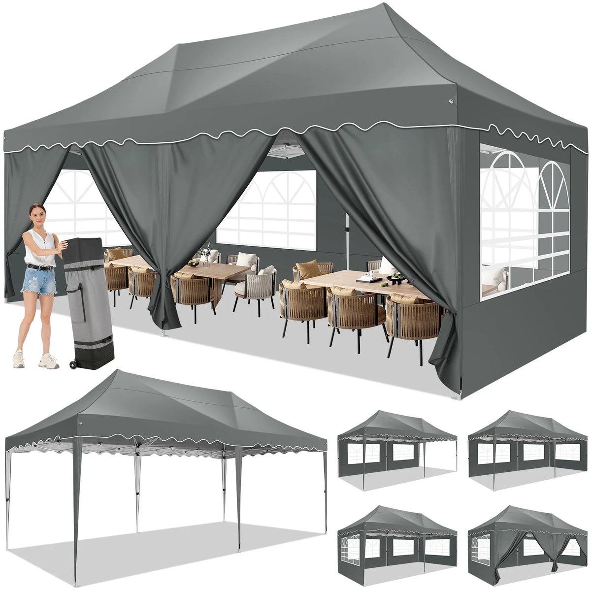 10' x 20' Pop Up Canopy Tent with 6 Removable Sidewalls, Carry Bag, 4 Sandbags, Gray O67388