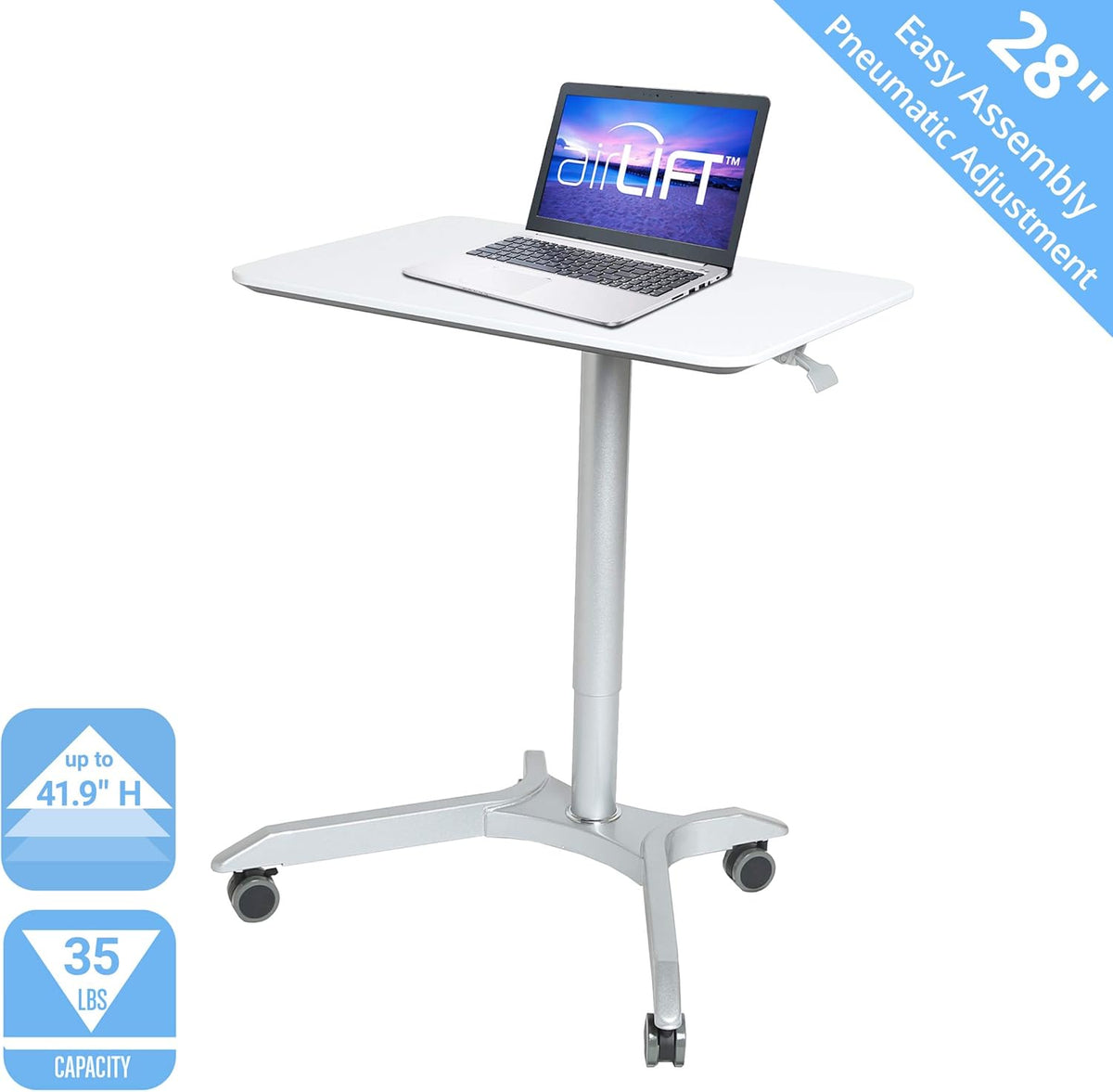 White Pneumatic Height Adjustable Mobile Laptop Desk Cart H68675