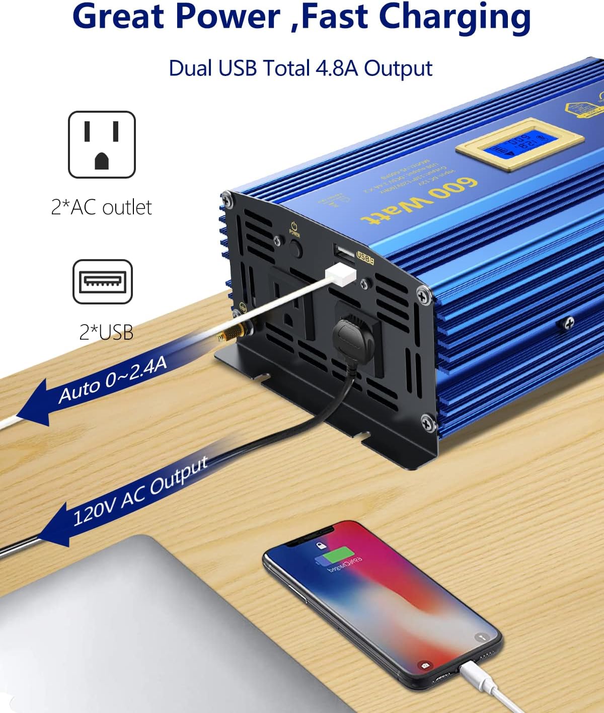 600 Watts Pure Sine Wave Power Inverter 12V to 110V 120V with USB Port & LCD Display V857