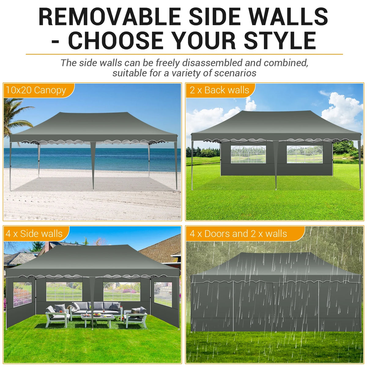 10' x 20' Pop Up Canopy Tent with 6 Removable Sidewalls, Carry Bag, 4 Sandbags, Gray O67388