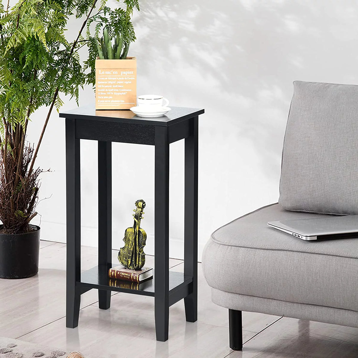 2-Tier End Table with Shelf and Wooden Legs I599463