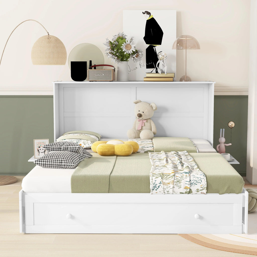 White Queen Size Wood Murphy Bed Cabinet with Storage Drawer Y44516