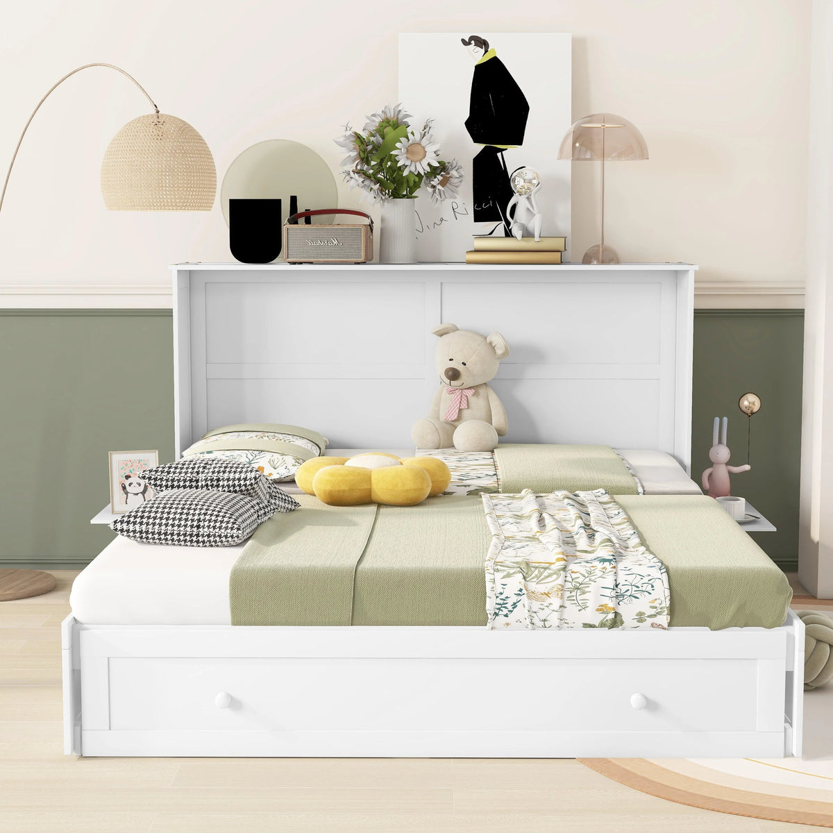 White Queen Size Wood Murphy Bed Cabinet with Storage Drawer Y44516