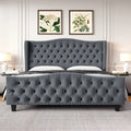 Queen Size Beige Velvet Tufted Upholstered Platform Bed Frame with Wingback Headboard Y303498