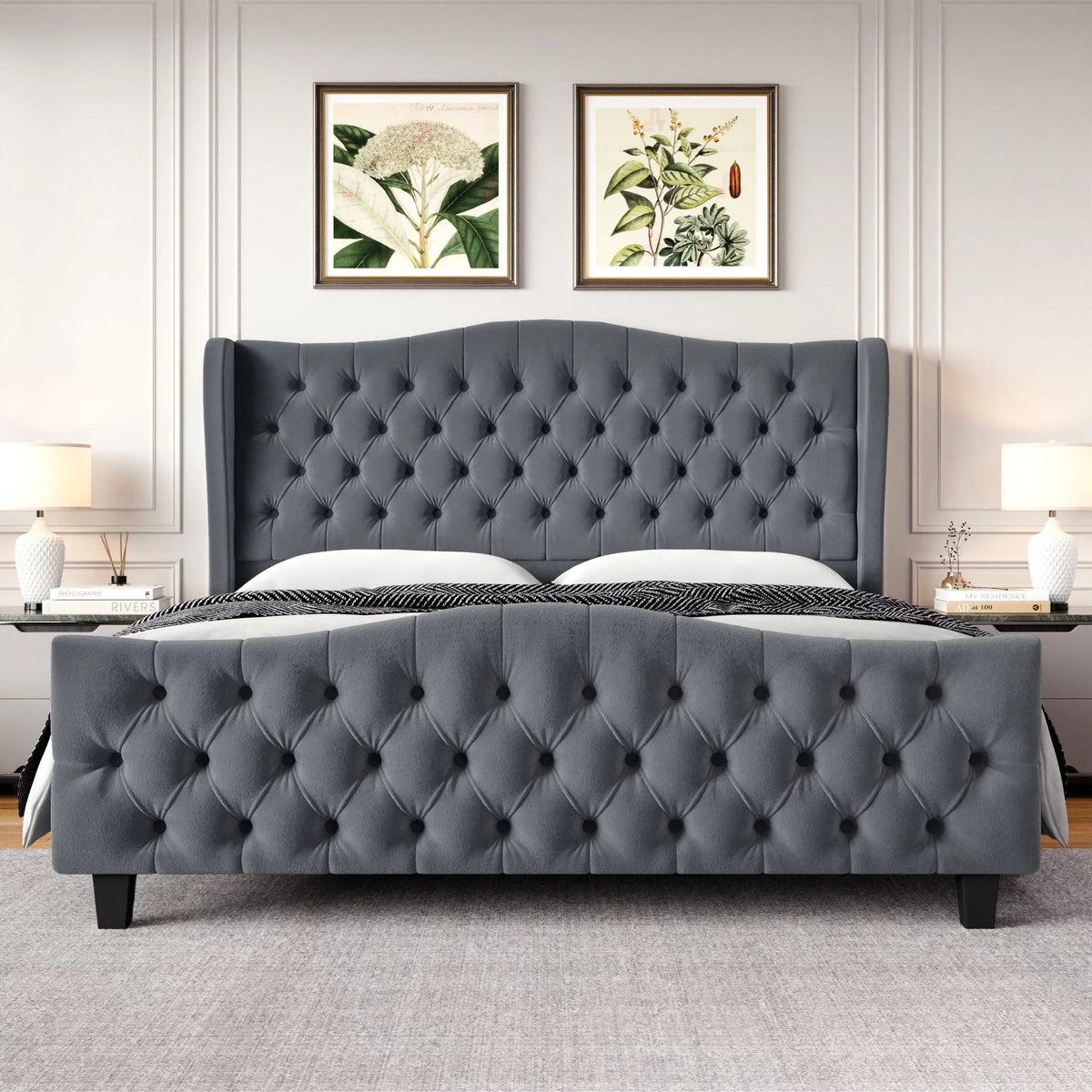 Queen Size Beige Velvet Tufted Upholstered Platform Bed Frame with Wingback Headboard Y303498