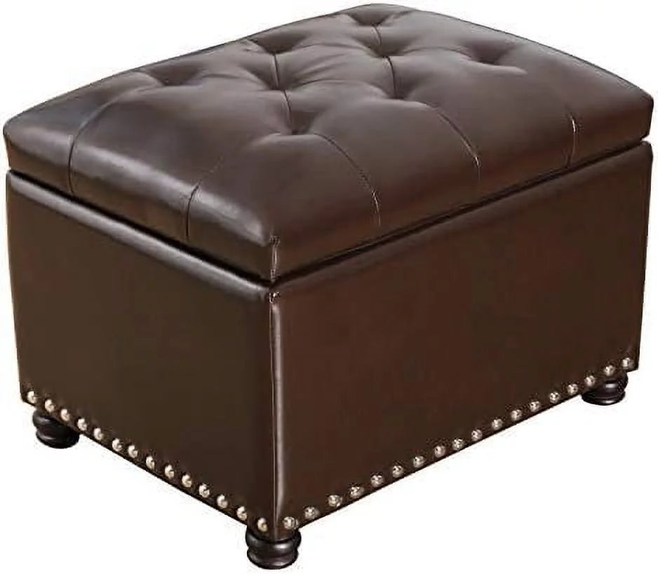 17.7" Brown Faux Leather Tufted Flip Top Ottoman Q45357