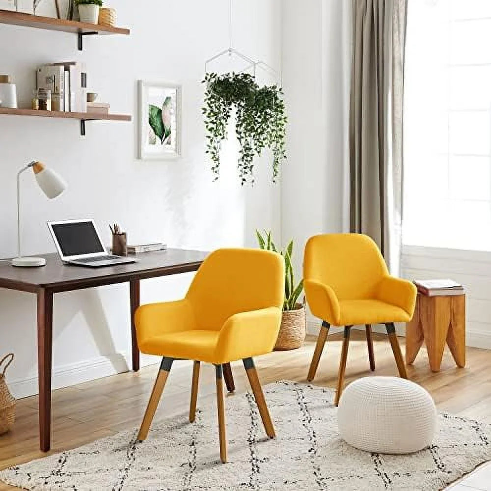 Yellow Linen Fabric Swivel Accent Chair with Solid Wood Legs A939968