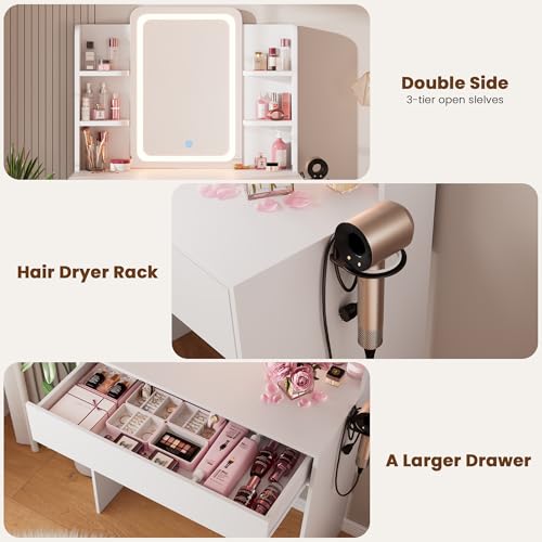 White Small Vanity Desk with Mirror and Lights V135