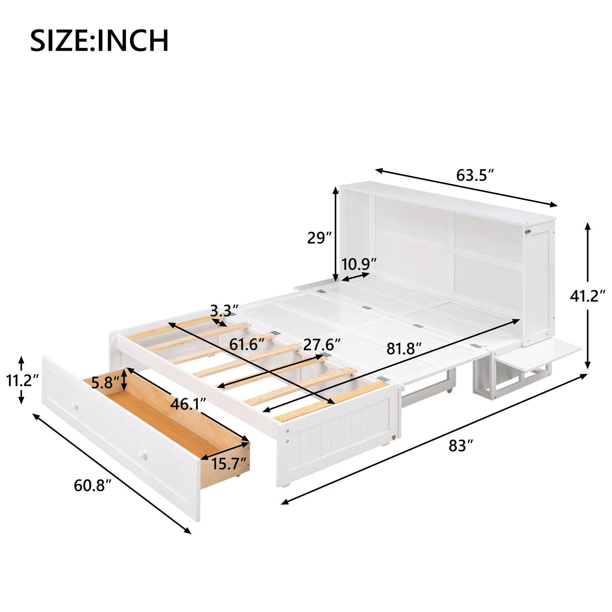 White Queen Size Wood Murphy Bed Cabinet with Storage Drawer Y44516