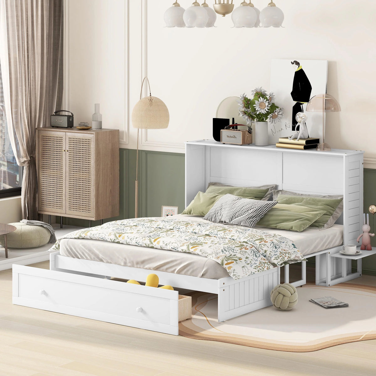 White Queen Size Wood Murphy Bed Cabinet with Storage Drawer Y44516