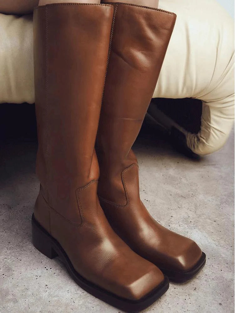 Square Toe Flat Knee Boots Y678