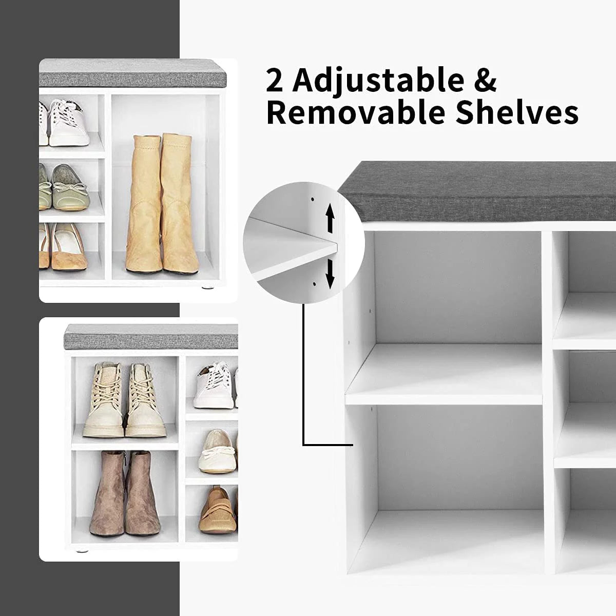 White Shoe Storage Bench with Cushion and Adjustable Shelves Y879471