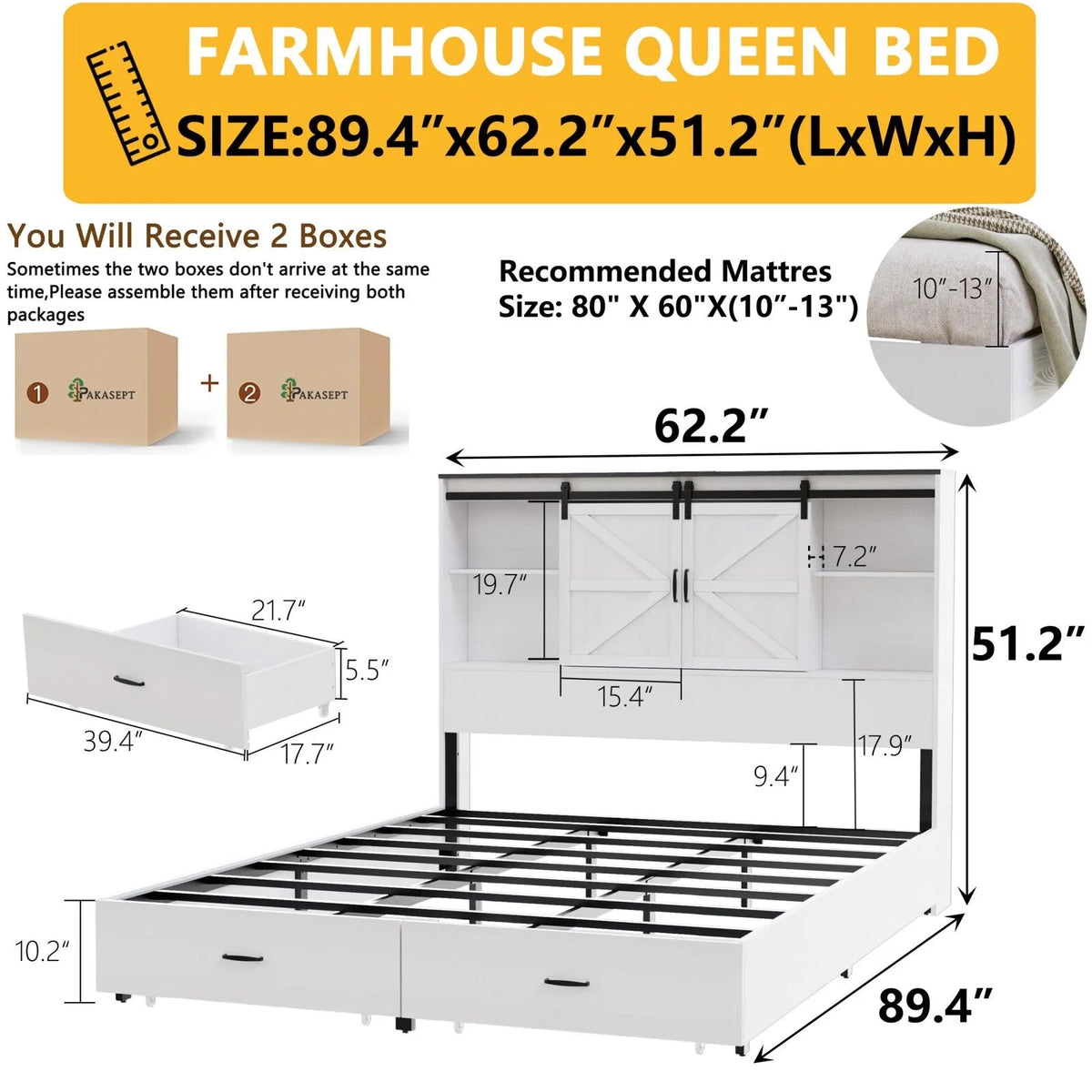 Queen Size Wooden Platform Bed Frame with Bookcase Headboard H24885