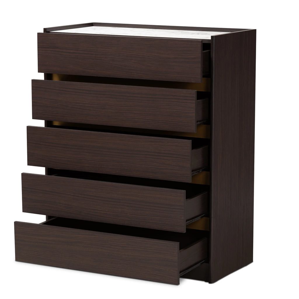 Dark Brown and Gold 5-Drawer Wood Chest with Faux Marble Top P99128