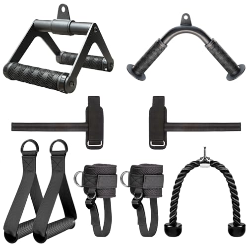 Cable Machine Attachment Set with Tricep Rope, V Bar, Double D Handle, Ankle & Wrist Straps T51146