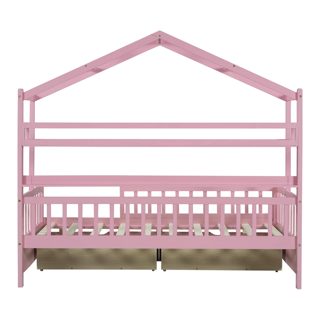 Twin Size Wooden House Bed with 2 Drawers V2273