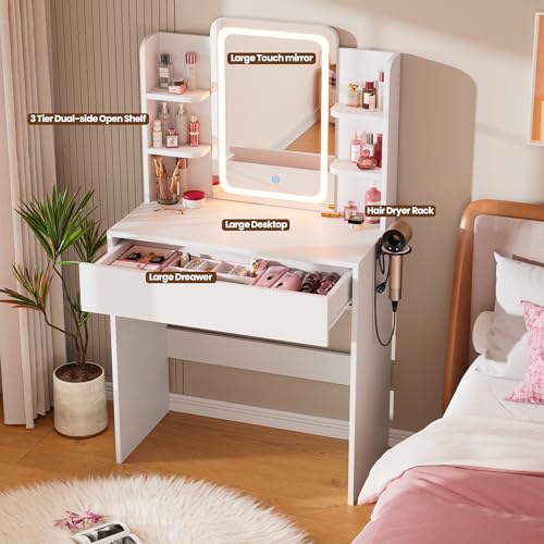 White Small Vanity Desk with Mirror and Lights V135
