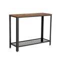 Brown and Black Iron Framed Console Table with Wooden Top and Wire Mesh Open Shelf S388